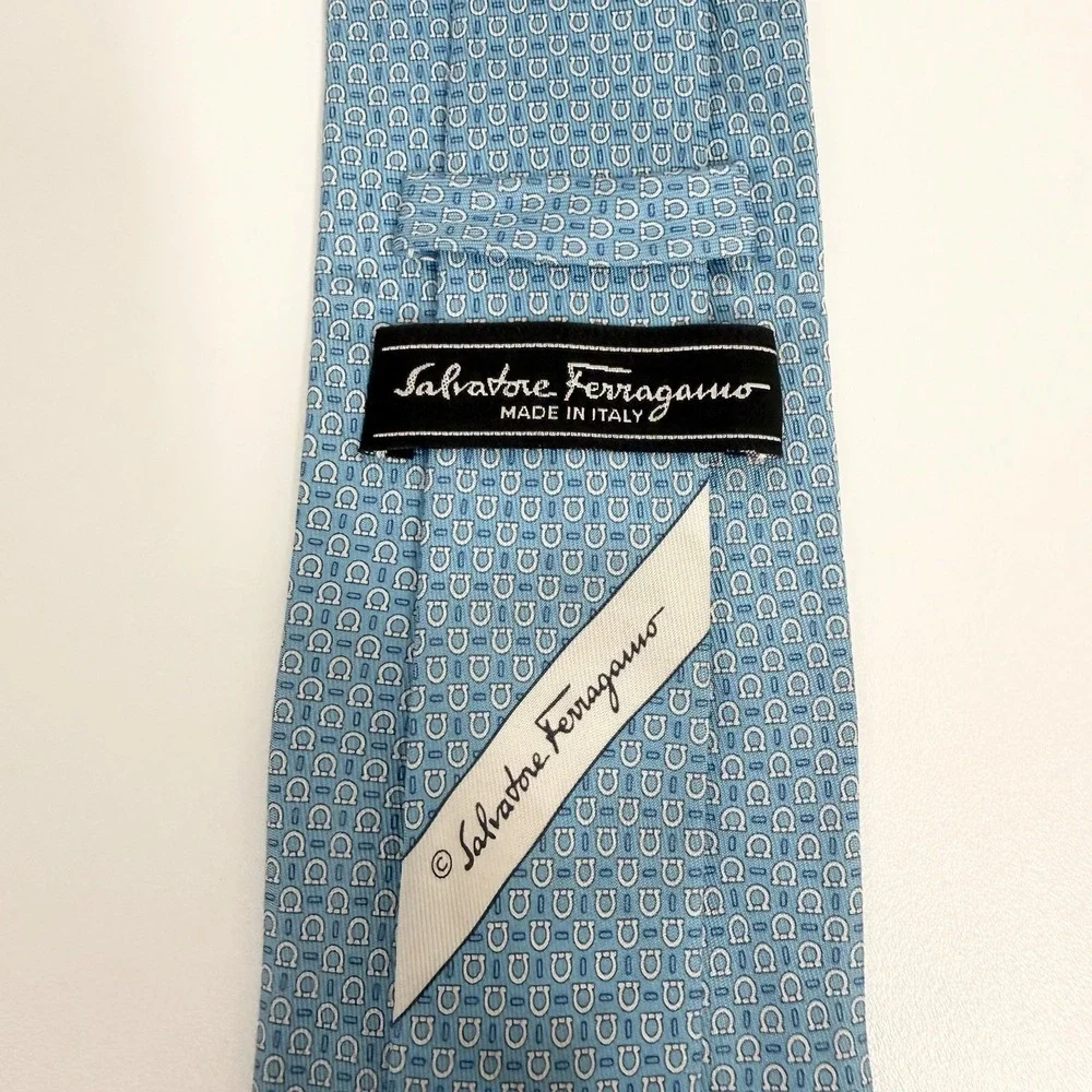 Salvatore Ferragamo Recent Tie AOP Gancini Logo Turquoise Blue Silk 3